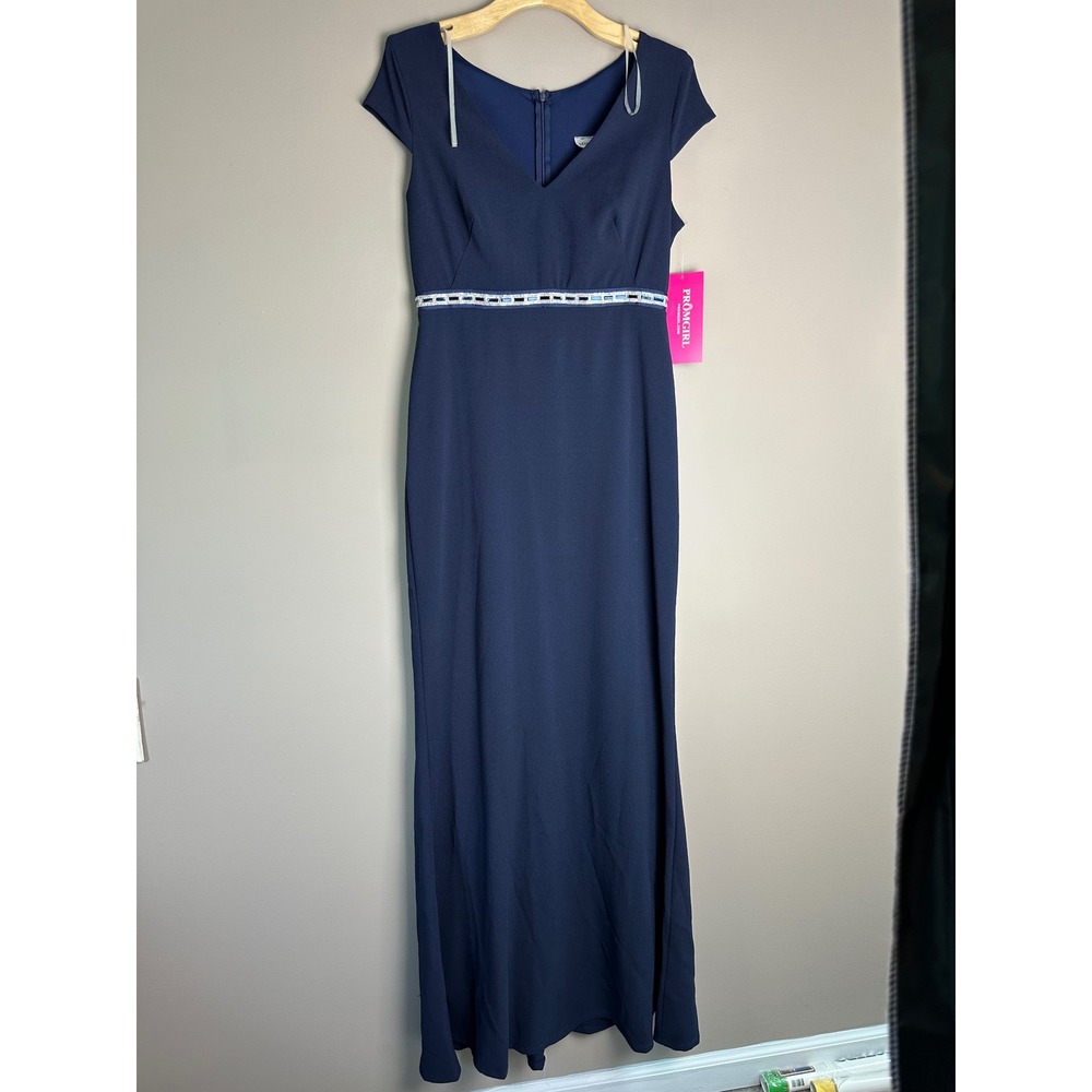 Miss Kim Navy Blue Embellished Waist V-Neck Cap Sleeve Formal Maxi Dress Large